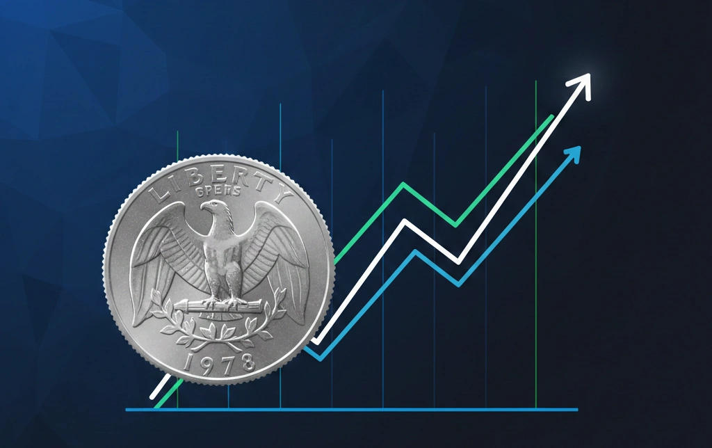 A 1978 quarter placed next to a price chart rising slightly