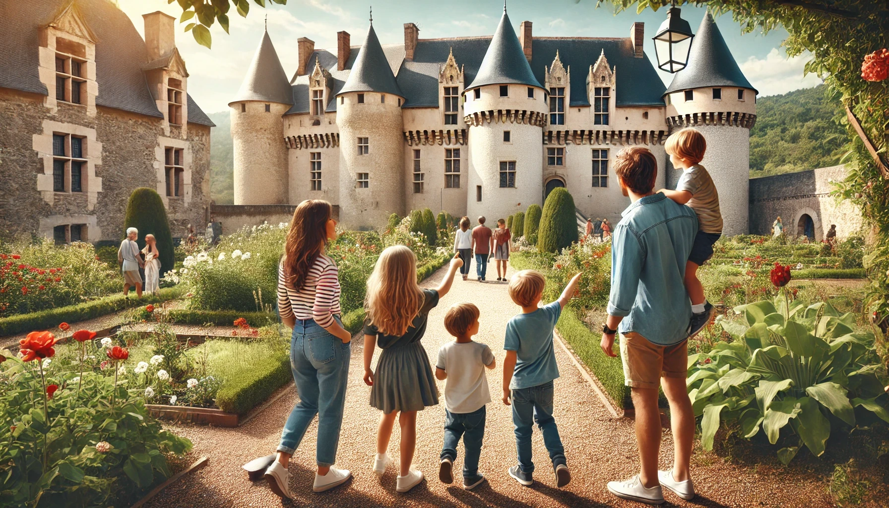 A family is exploring the historic Château de Florac. The parents and their children are walking towards the medieval fortress, admiring its ancient architecture.