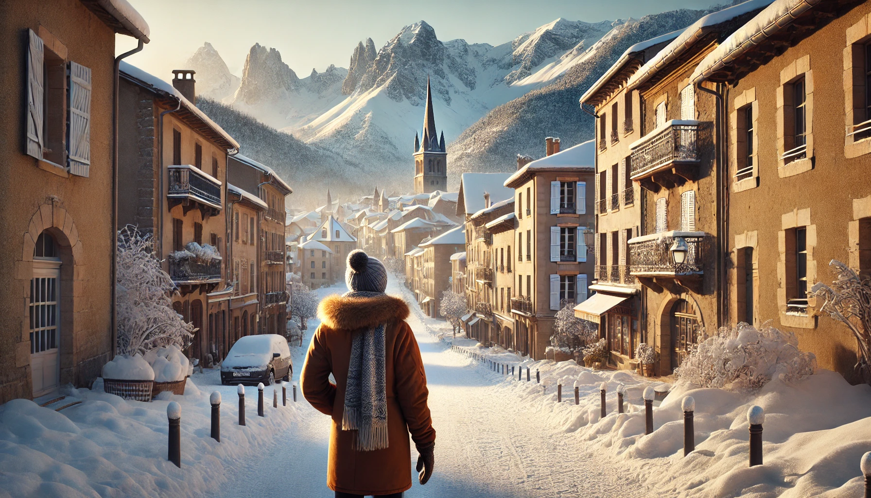 a traveler standing in the snow-covered Florac, France, during winter.