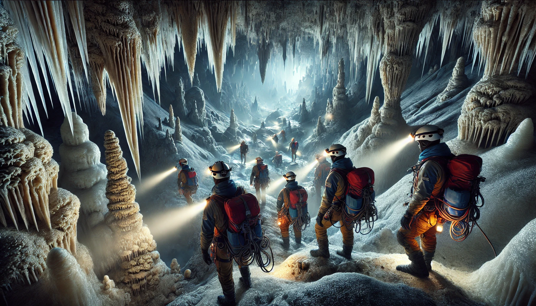 a group of cavers deep inside a winter cave in Florac. The cavers are equipped with helmets and headlamps, illuminating the intricate cave formations around them.