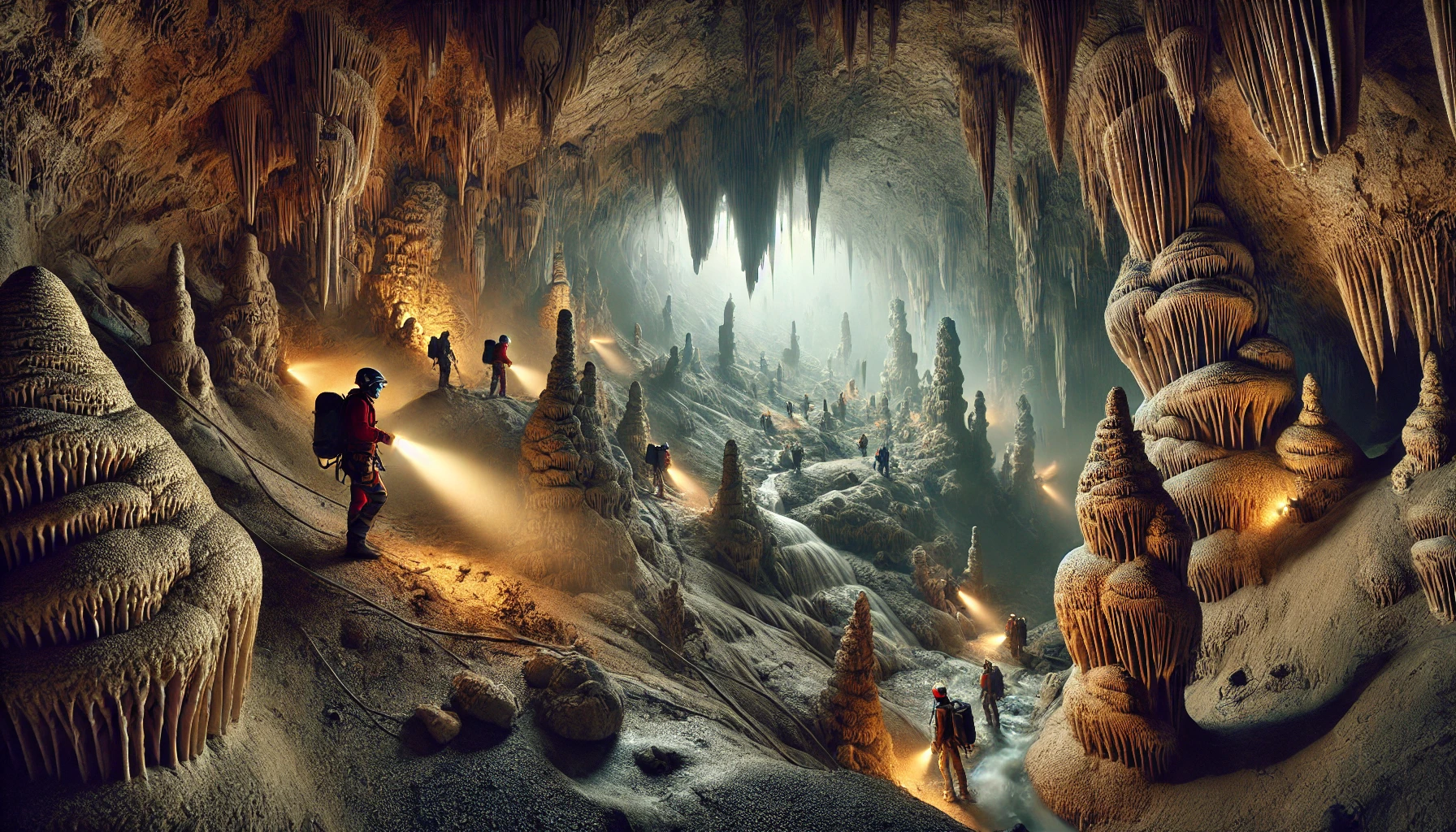 cavers deep inside a Spanish cave, having started their speleo trip from Florac.