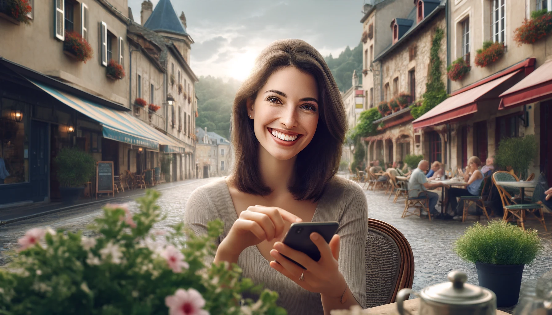 a smiling woman using her phone in Florac, France. She is sitting at a charming outdoor cafe with the backdrop of historic buildings and lush greenery.