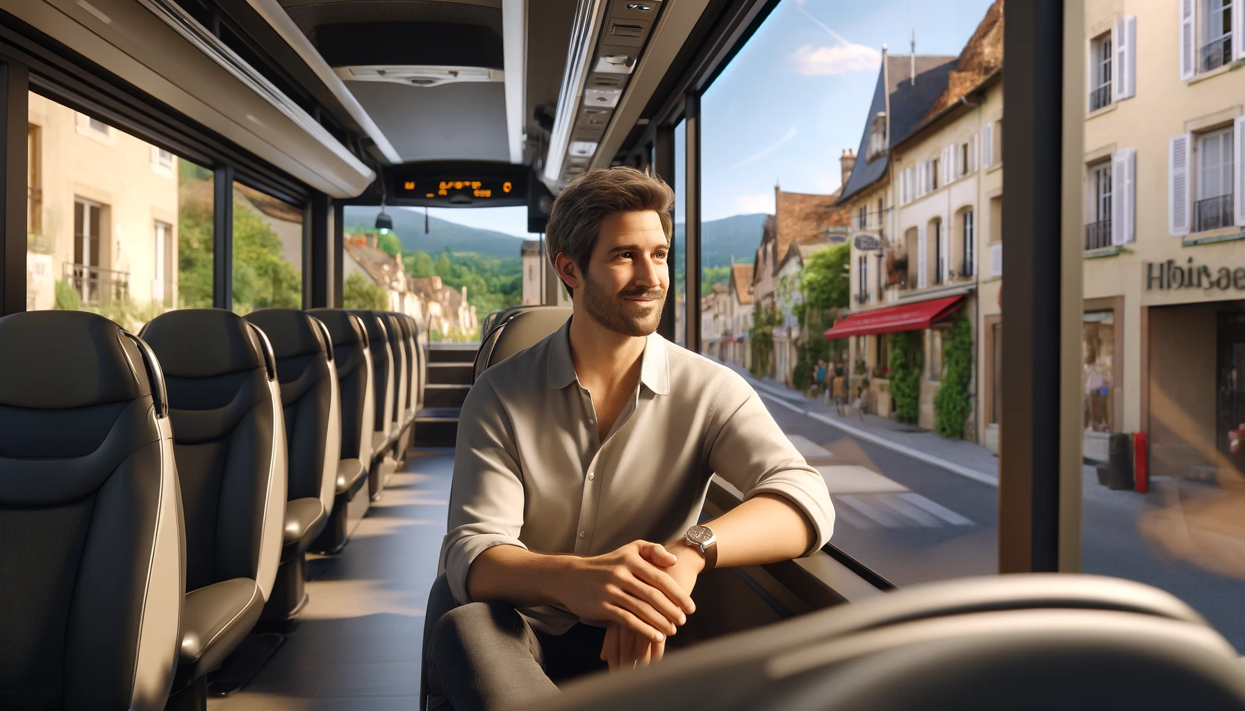a man sitting in a bus in Florac, France. The man is looking out the window, enjoying the view of the town.