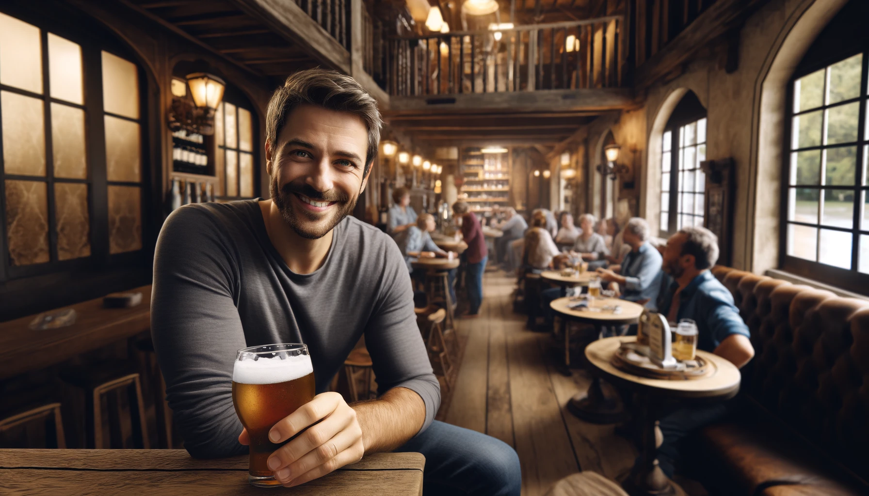 a smiling man drinking beer in a pub in Florac, France.