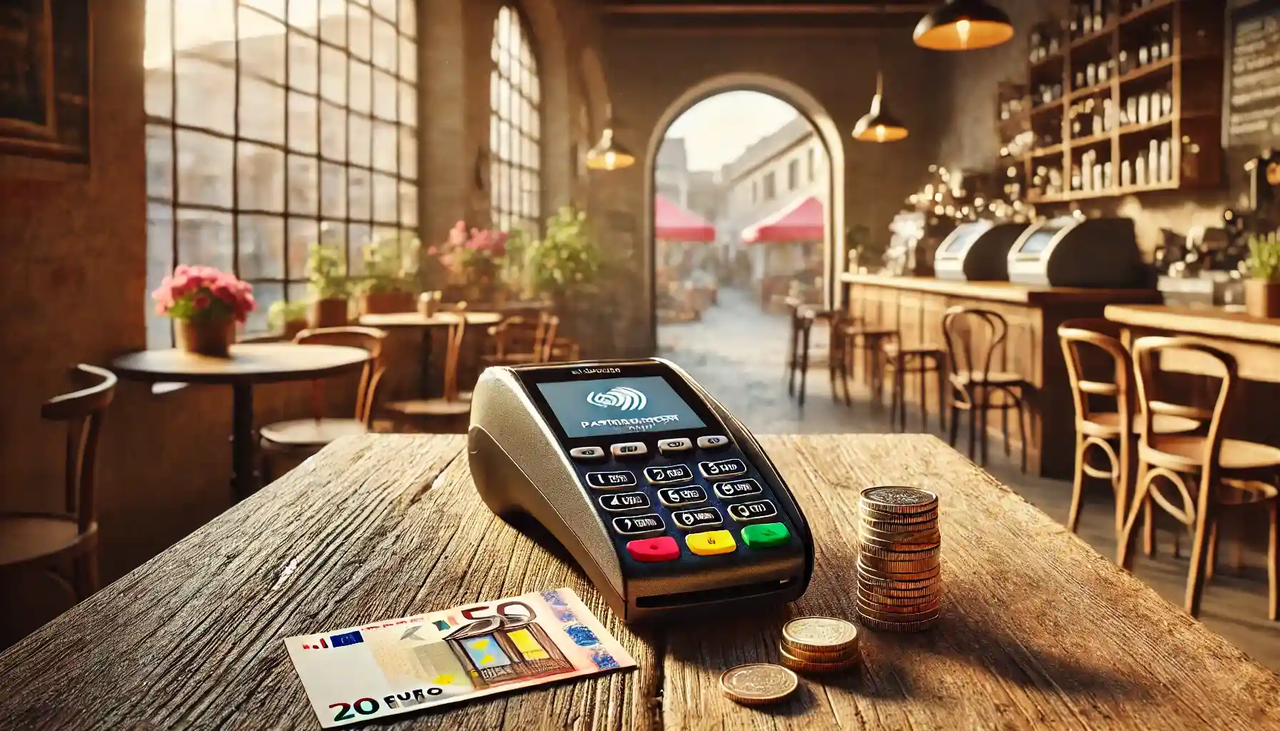  a modern payment setup in a cozy Florac café, featuring a contactless payment terminal, euro banknotes, and coins on a wooden counter. 