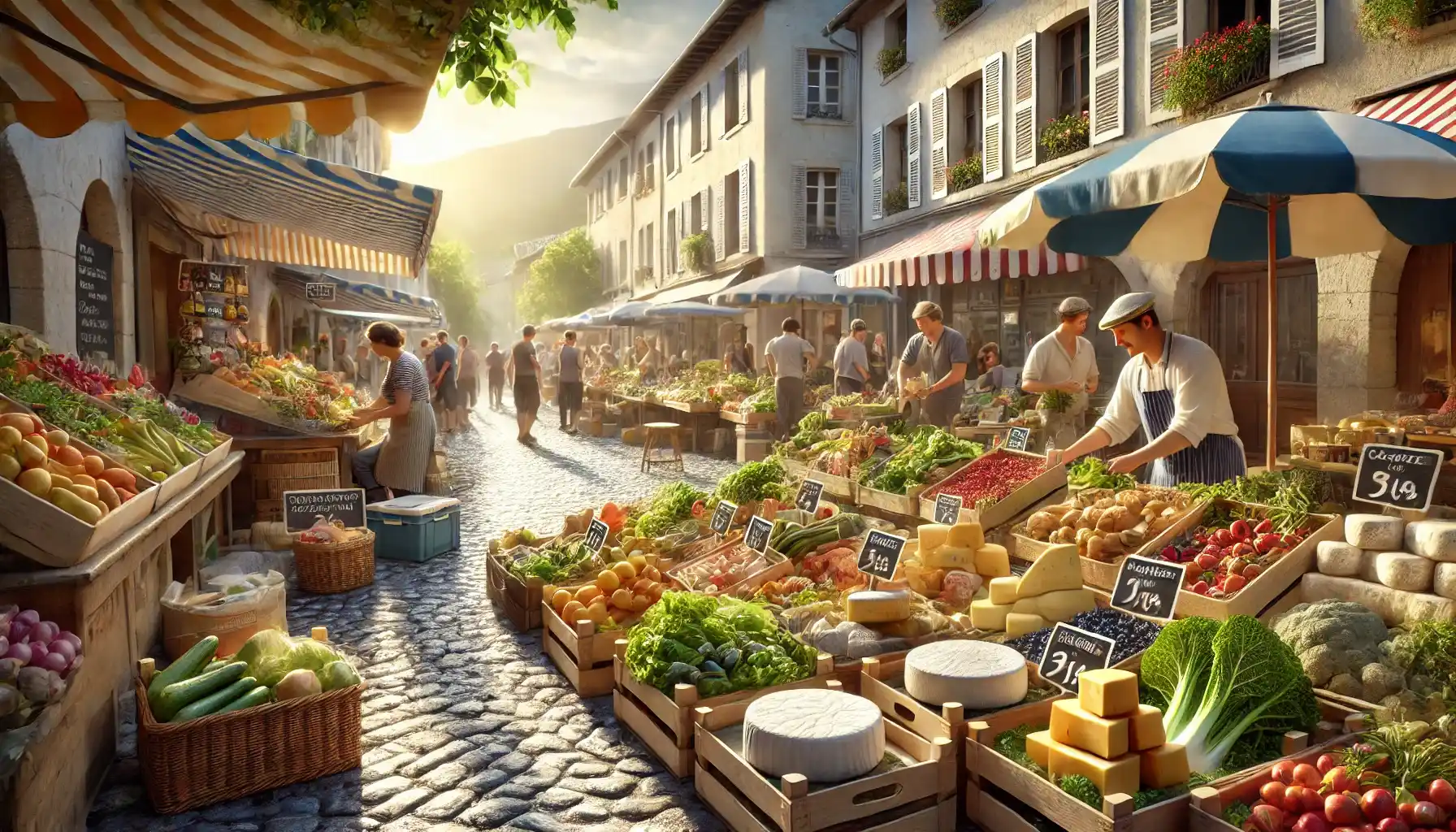 a vibrant local market in Florac, France, showcasing stalls filled with fresh produce, cheeses, and baked goods.