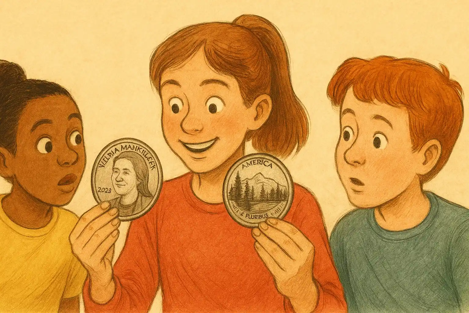 A girl shows her collection of quarters to friends.