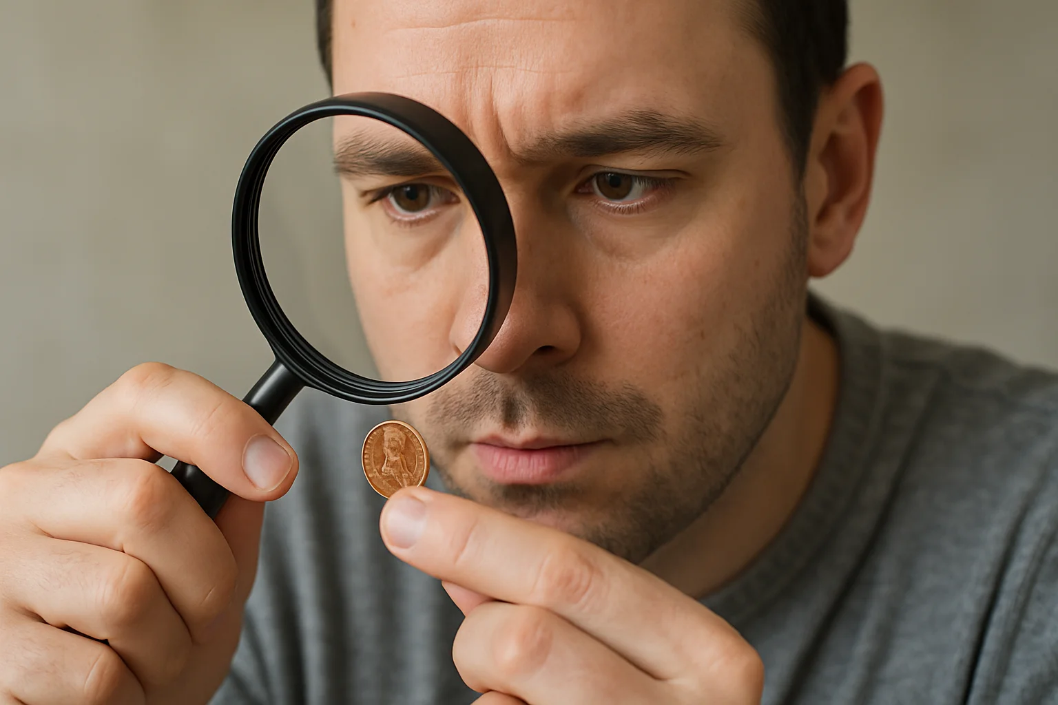 A collector closely inspects a small  penny through a magnifying glass to evaluate its condition and surface details.