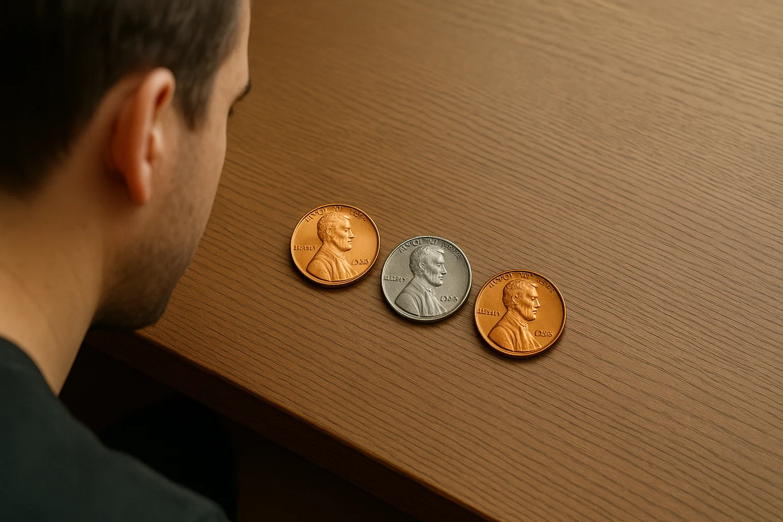 A collector compares three wartime cents — 1942 bronze, 1943 steel, and 1944 brass — laid out in a row to observe their differences in metal and color.